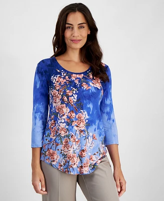 Jm Collection Petite Floral-Print 3/4-Sleeve Top, Created for Macy's