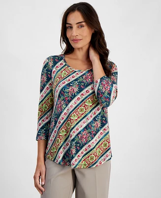 Jm Collection Petite Tapestry 3/4-Sleeve Top, Created for Macy's