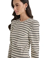 Dkny Jeans Petite Striped Round-Neck Puff-Shoulder Top