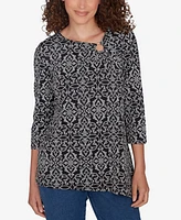 Ruby Rd. Petite Ring Neck Medallion Puff Printed Knit Top with Asymmetric Hem