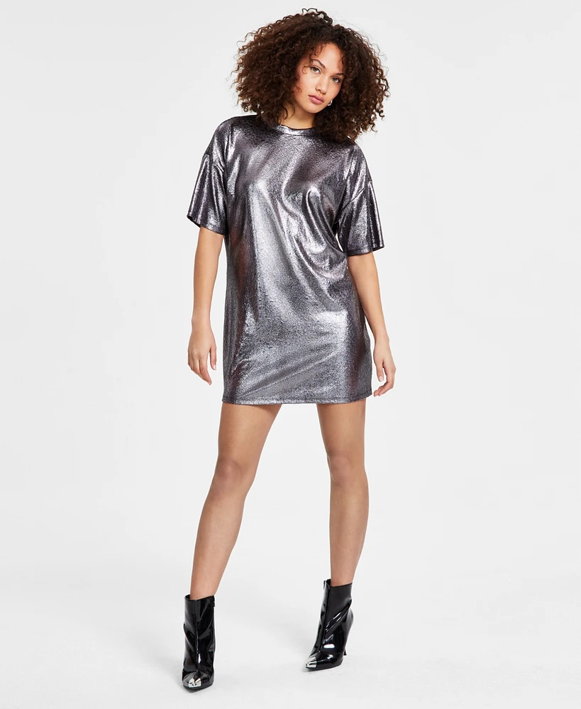 Bar Iii Women's Foil-Jacquard Crewneck T-Shirt Dress, Exclusively at Macy's