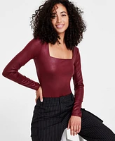 Bar Iii Women's Coated Square-Neck Long-Sleeve Bodysuit, Created for Macy's