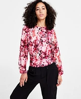 Bar Iii Women's Printed Crewneck Long-Sleeve Mesh Top, Created for Macy's