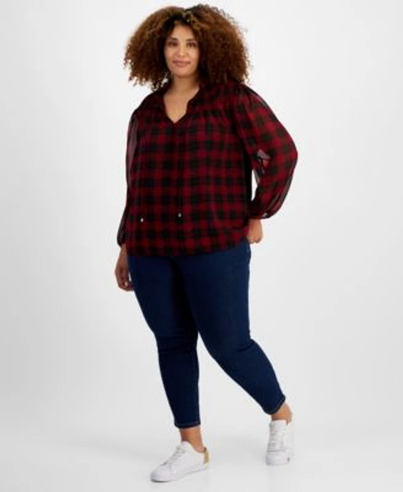 Tommy Hilfiger Plus Size Plaid Tie Neck Top Th Flex Gramercy Pull On Jeans