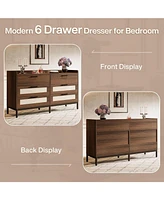 Tribesigns 6-Drawer Dresser for Bedroom, 55" Mid-Century Rustic Chest of Drawers, Wide Wood Storage Long Double Dresser Organizer for Nursery Bedroom