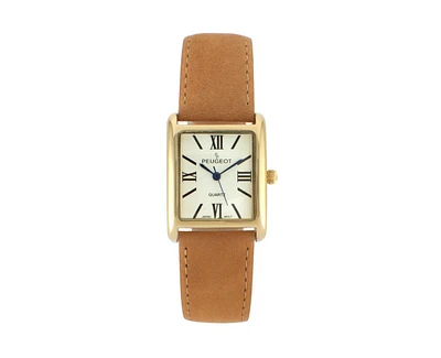 Peugeot Women's Tank Watch Roman Dial Brown Leather Strap