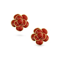 Bling Jewelry Red Enamel Rose Flower Spring Retro Clip On Earrings Button Style For Non Pierced Ears Gold Plated Brass