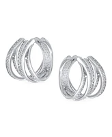 Bling Jewelry Modern Five Rows Micro Pave Cz Wide Criss Cross Huggie Hoop Earrings For Women Formal Party Silver Rhodium Plated Hinge Style 0.6 Inch D