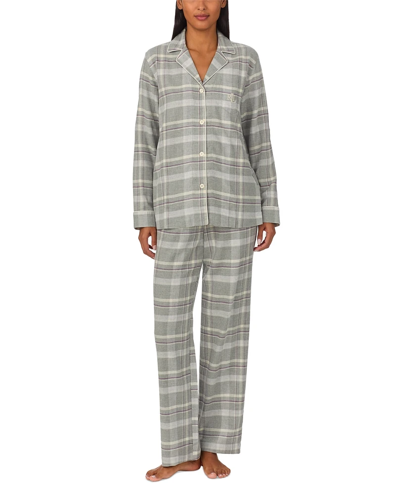 Lauren Ralph Women's 2-Pc. Long-Sleeve Notch-Collar Long Pants Pajama Set