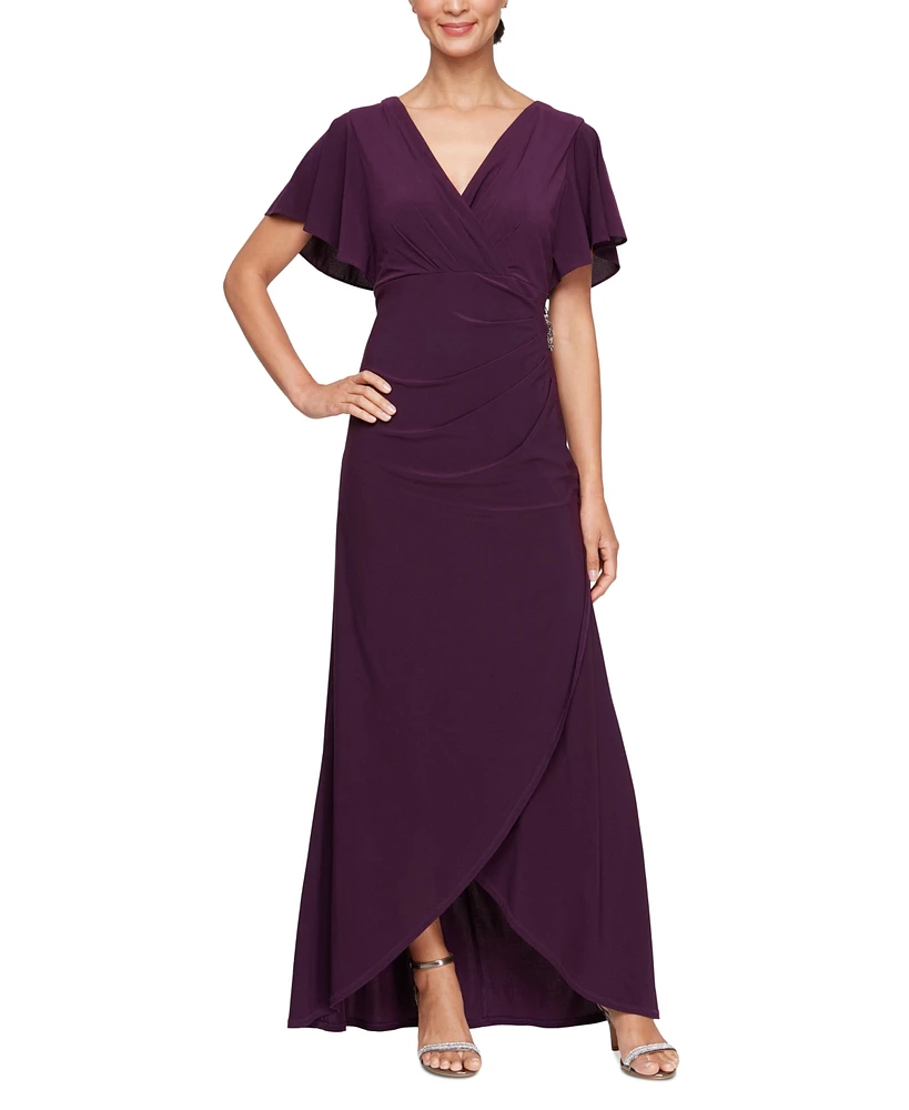 Sl Fashions Women's Flutter-Sleeve High-Low Gown