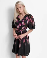 Dkny Petite Floral Tie-Waist Balloon-Sleeve Dress