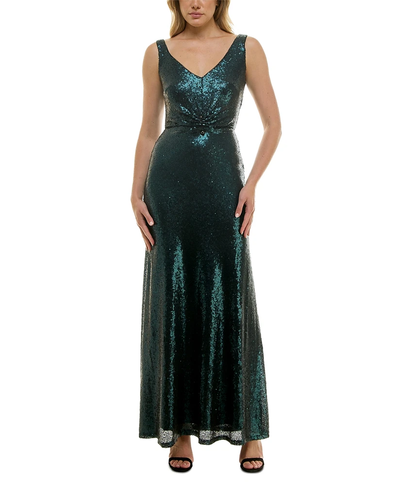 Taylor Women's Sleeveless V-Neck Sequined Mesh Gown