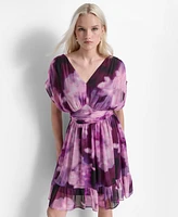 Dkny Women's Printed Ruched-Waist Blouson-Sleeve Dress