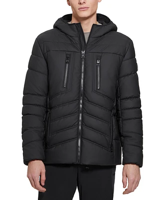 Guess Men's Quilted Faux Leather Hooded Jacket