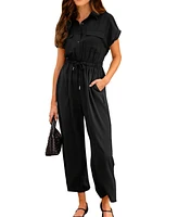 Cupshe Women's Black Collared Short Sleeve Front Button Coveralls