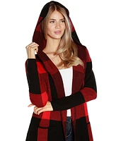 Belldini Women's Hooded Exploded Plaid Coatigan Sweater