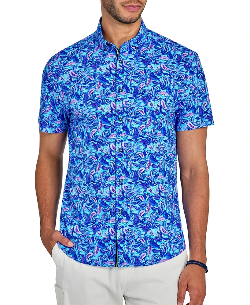 Society of Threads Men's Paisley Print Short Sleeve Button-Front Performance Shirt