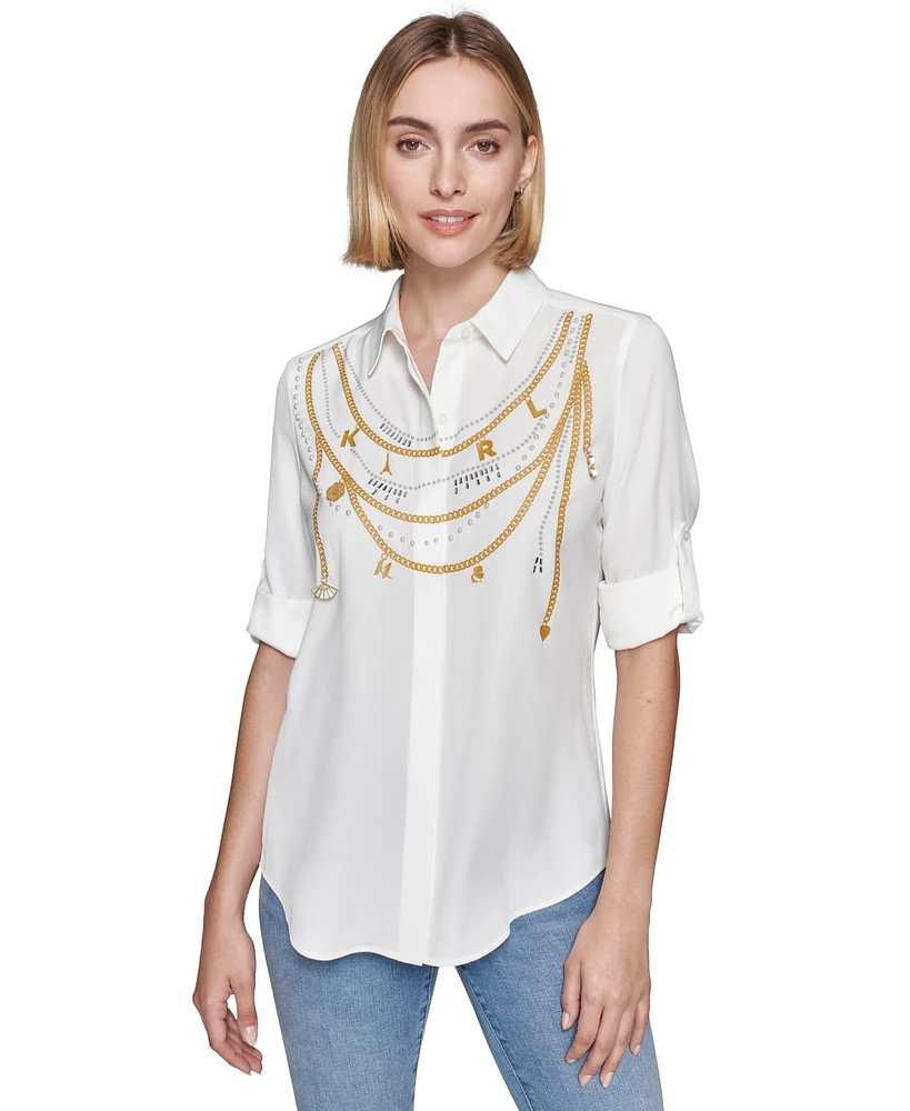 Karl Lagerfeld Paris Women's Chain-Printed Button-Front Top, Regular & Petite