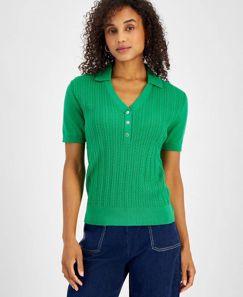 Nautica Jeans Women's Cotton Cable-Knit Short-Sleeve Sweater