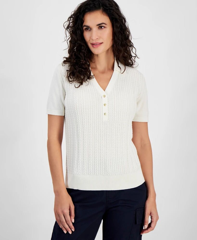 Nautica Jeans Women's Cotton Cable-Knit Short-Sleeve Sweater