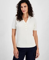 Nautica Jeans Women's Cotton Cable-Knit Short-Sleeve Sweater