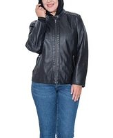 Sebby Collection Plus Garment Dyed Faux Leather Zip Front Jacket With Detachable Sweater Knit Hood