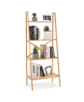 Gymax 4-Tier Bamboo Ladder Bookshelf 58'' Display Shelf Storage Rack Plant Flower Stand