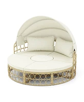 Outdoor Patio Round Daybed with Retractable Canopy Soft Cushions for Garden