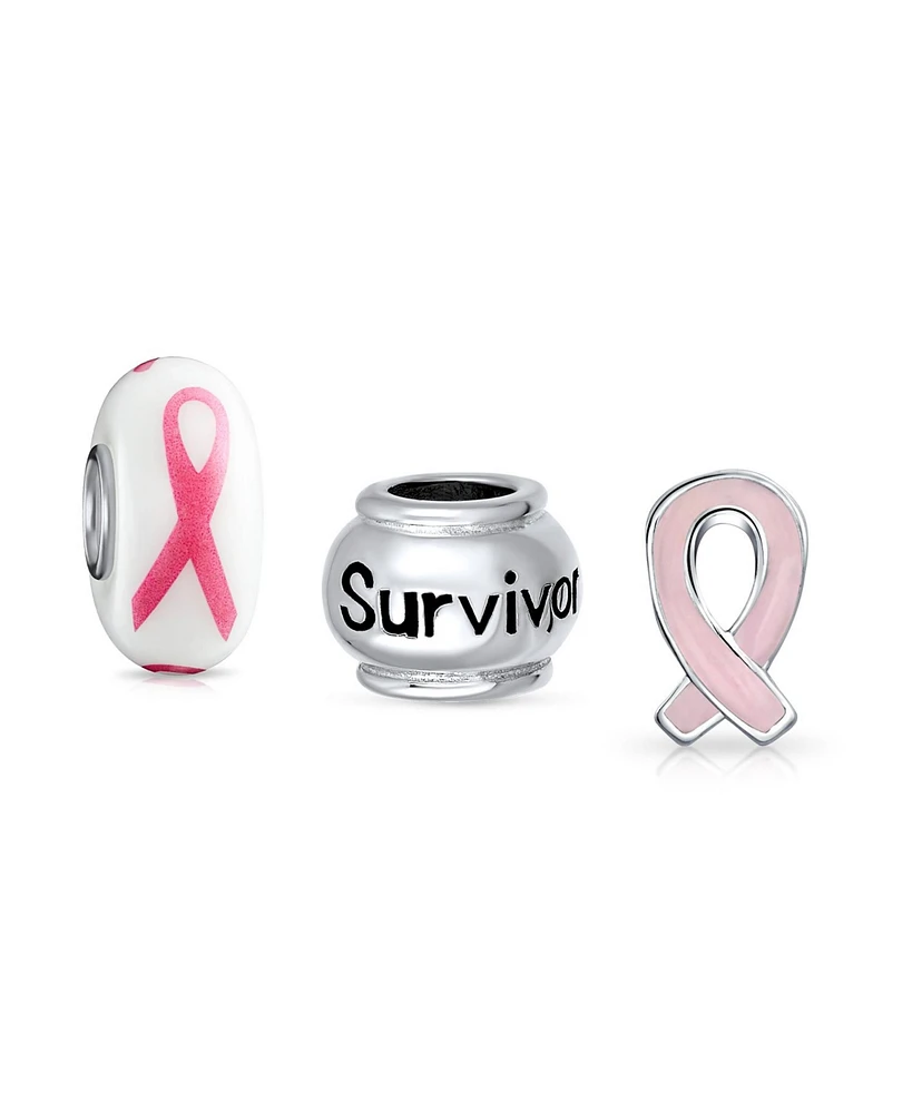 Bling Jewelry Breast Cancer Survivor Pink Ribbon Mix Set Of 3 Sterling Silver Spacer Bead Fits European Charm Bracelet For Women