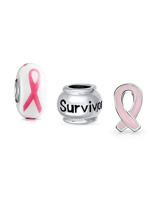 Bling Jewelry Breast Cancer Survivor Pink Ribbon Mix Set Of 3 Sterling Silver Spacer Bead Fits European Charm Bracelet For Women