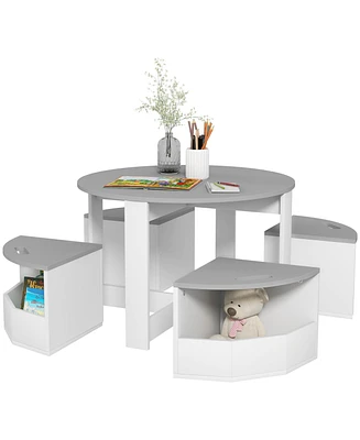 Qaba 5 Piece Kids Table and Chairs Set with Storage for Activities, Gray