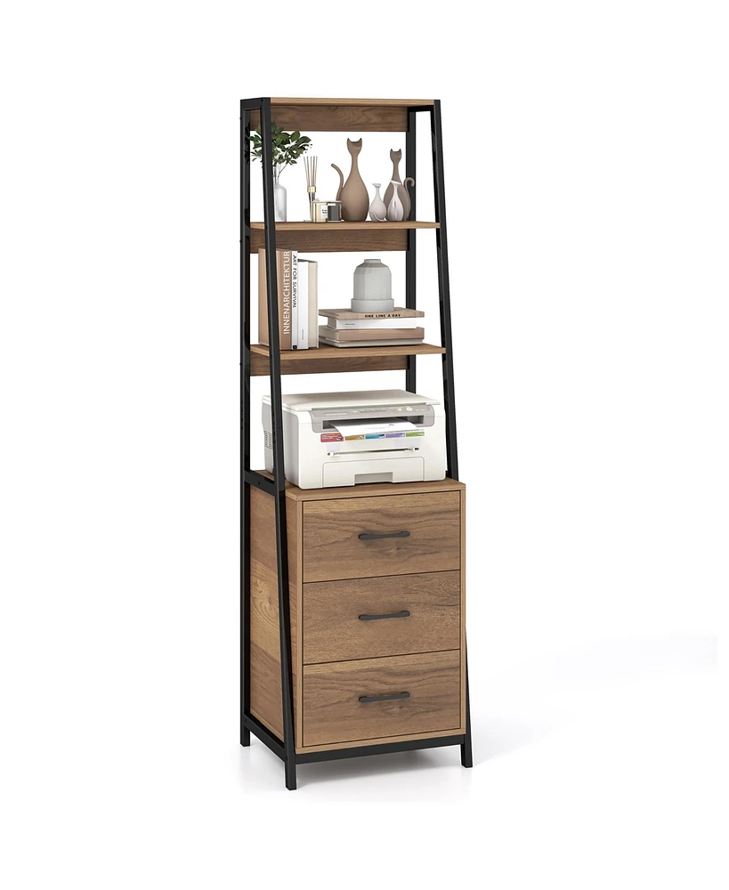 Gymax Ladder Bookshelf Tall Bookcase w/ 3 Open Shelves Printer Stand Storage Drawers Brown