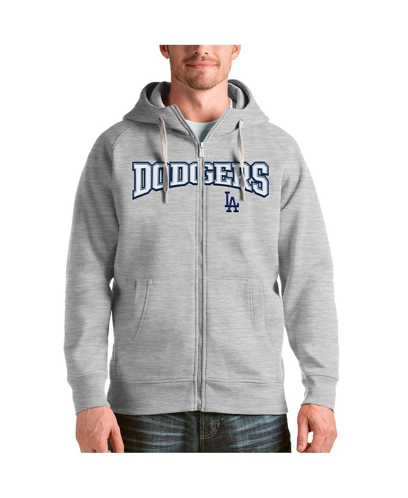 Antigua Men's Heather Gray Los Angeles Dodgers Team Logo Victory Full-Zip Hoodie