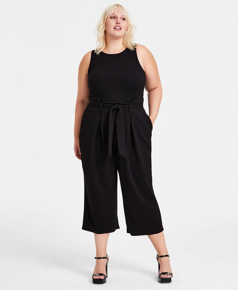 Bar Iii Trendy Plus Belted Sleeveless Capri Jumpsuit, Created for Macy's