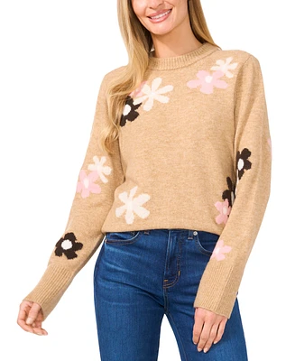 CeCe Women's Flower Patterned Knit Crewneck Sweater