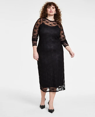 Bar Iii Trendy Plus Lace Long-Sleeve Midi Dress, Created for Macy's