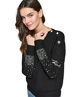 Karl Lagerfeld Paris Women's Rhinestone-Trim Crewneck Sweater