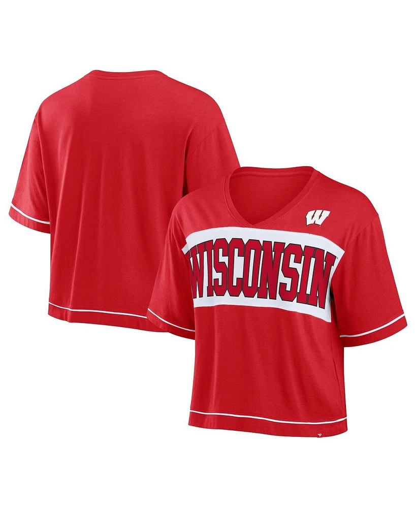 Fanatics Women's Red Wisconsin Badgers Home Team Bold Fashion Modest V-Neck Cropped T-Shirt