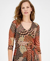 Jamie & Layla Petite 3/4-Sleeve Printed Faux-Wrap Midi Dress