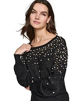 Karl Lagerfeld Paris Women's Imitation-Pearl Embellished Sweater, Regular & Petites