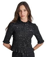 Dkny Jeans Women's Sequin Smocked Elbow-Sleeve Top