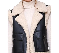 Avec Les Filles Women's Faux Leather Sherpa Trucker Vest