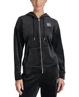 Dkny Women's Velour Rhinestone-Logo Zip-Front Hoodie