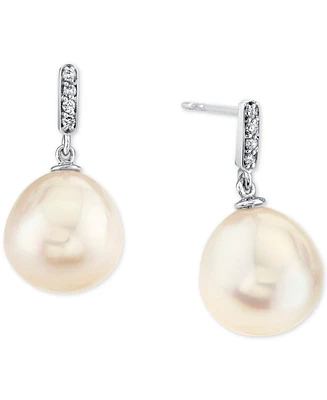 Cultured Freshwater Pearl (11mm) & Diamond Accent Drop Earrings in 10k White Gold