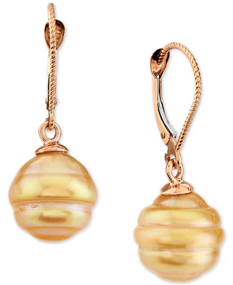 Cultured Golden South Sea Baroque Pearl (9-11mm) Leverback Drop Earrings in 14k Rose Gold