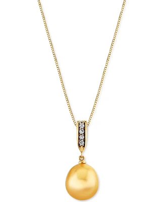 Cultured Golden South Sea Pearl (10mm) & Diamond Accent 18" Pendant Necklace in 14k Gold