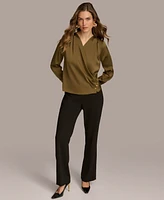 Donna Karan New York Women's Long Sleeve Faux-Wrap Satin Blouse