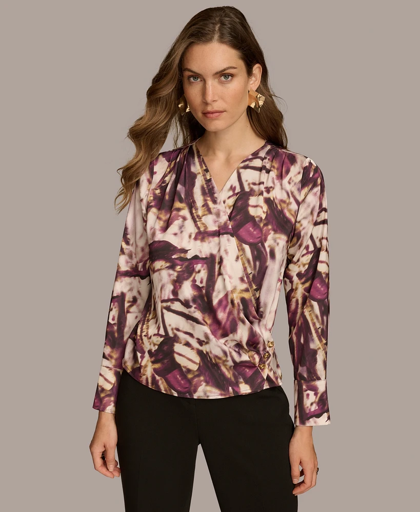 Donna Karan New York Women's Printed Faux-Wrap Satin Blouse