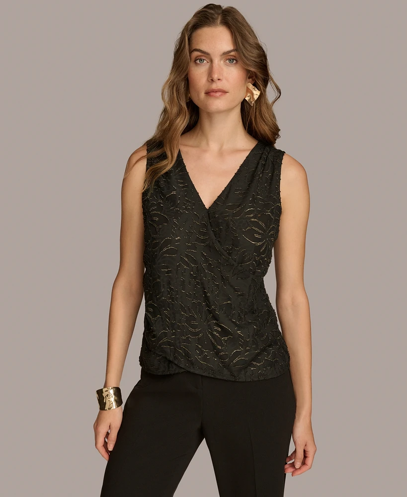 Donna Karan New York Women's Metallic Floral Faux-Wrap Sleeveless Blouse