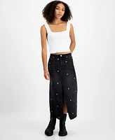 Celebrity Pink Juniors' Embroidered Denim Midi Skirt